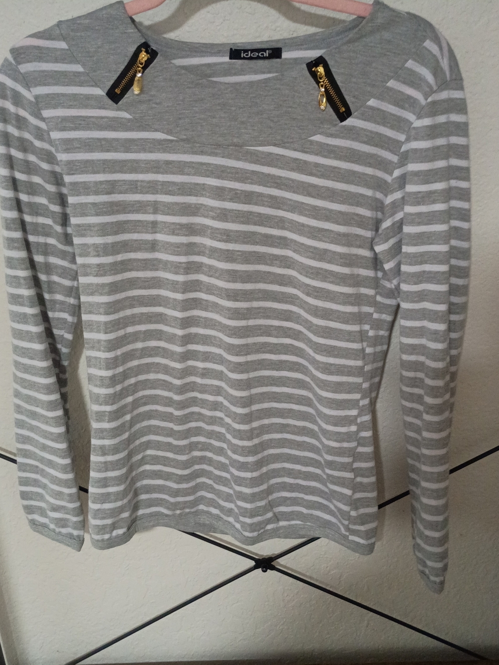 Ideal Striped Long Sleeve Tee in Gray and White with Zip Detail